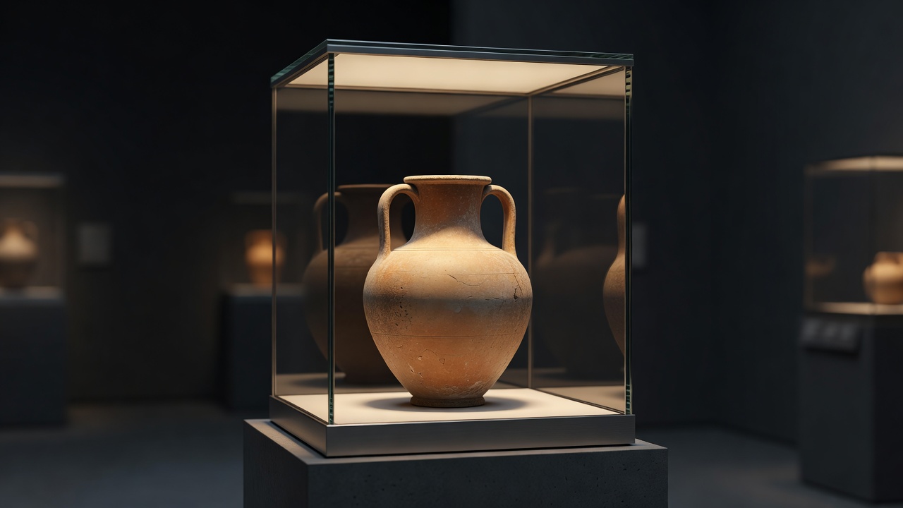 An ancient ceramic vessel displayed in a softly lit museum case